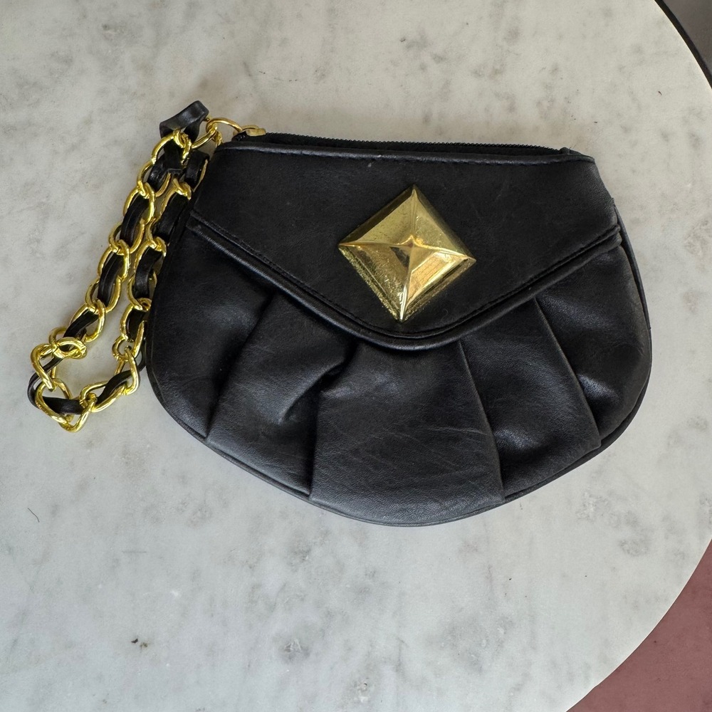 Vintage Black Clutch Purse Gold Accent Chain Strap Evening‎ Bag Small